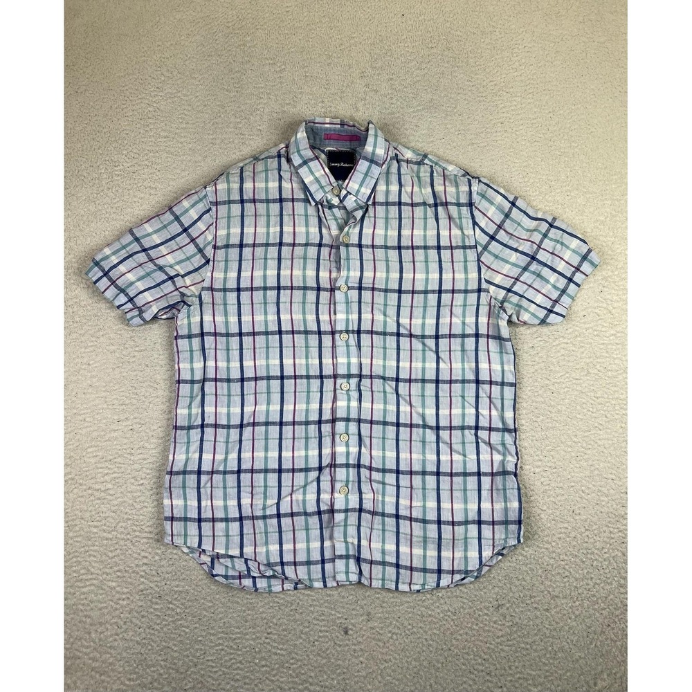 Tommy Bahama Shirt Mens Medium Blue Plaid 100% Linen Short Sleeve Casual